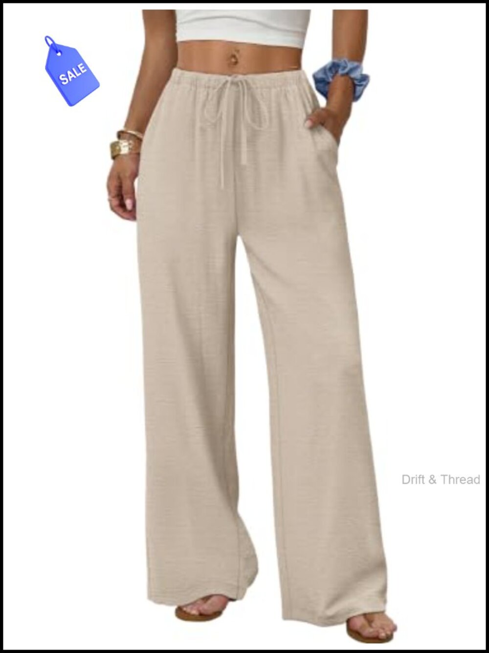 Wide Leg Palazzo Pants Drawstring Elastic Waist Trousers with Pockets Summer